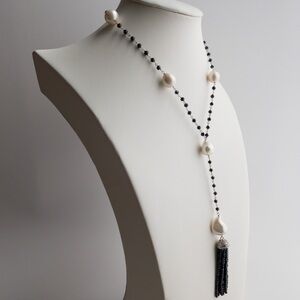 Large Baroque White Pearl Necklace Black Spinel Necklace Sterling Silver 925 NWT